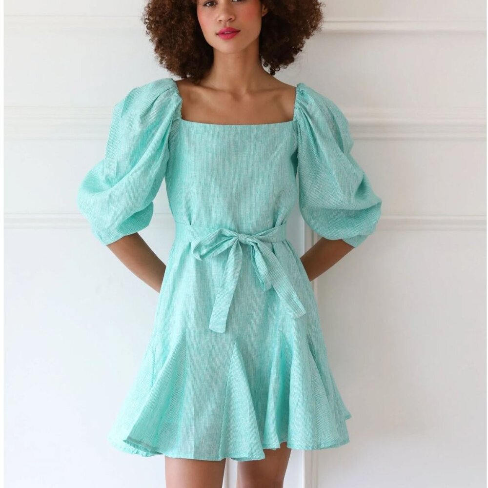 MILLE Travel & Resort Anais Long Sleeved Linen Mini Dress Green Stripes size M